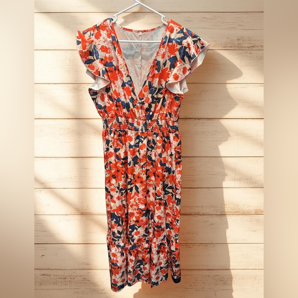 Floral Ruffle Sleeve Dress XL pit to pit 17in length 53in